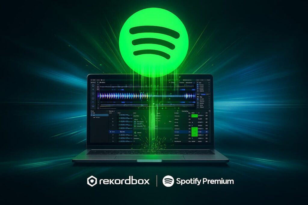 Pantalla de Rekordbox 7 mostrando la integración de Spotify Premium en software DJ en 2026
